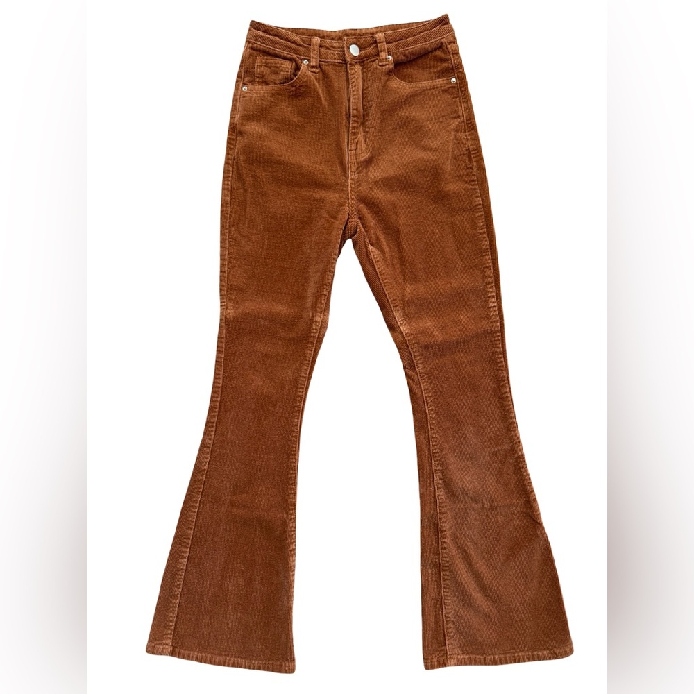 High Waist Fit & Flare Leg Rust Brown Corduroy Pants